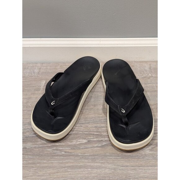 Olukai Nu'a Pi'o Sandals Womens Sz 10 Black Grip Rubber Flip Flops 20445 Summer - Picture 1 of 16